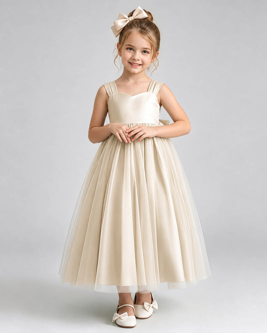 Champagne Tulle A-line Flower Girl Dress Front View