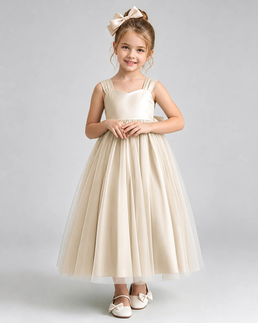Champagne Tulle A-line Flower Girl Dress Front View