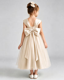 Champagne Flower Girl Dress Sweetheart Neck V-Back Bow Tulle Midi Dress Back View