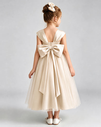 Champagne Flower Girl Dress Sweetheart Neck V-Back Bow Tulle Midi Dress Back View