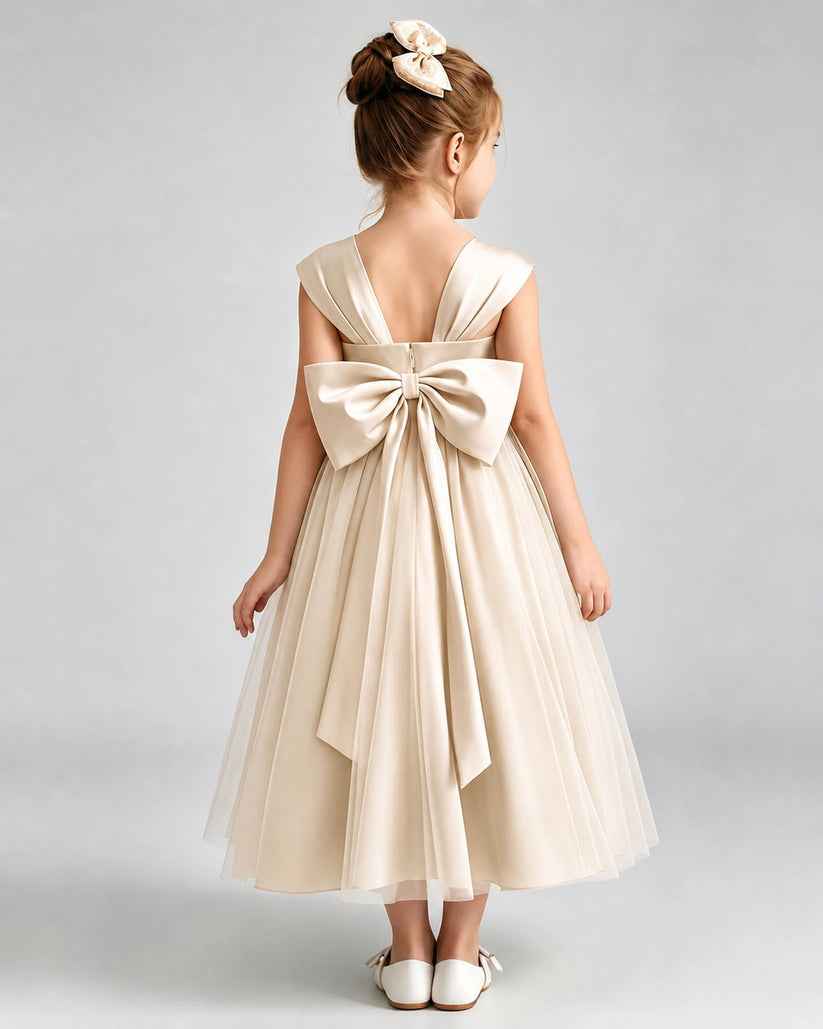 Champagne Satin A-line Flower Girl Dress Back View