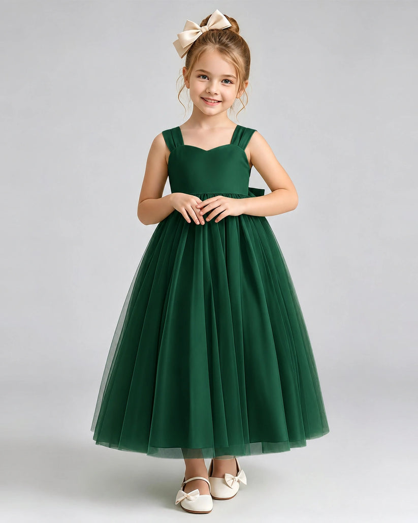 Dark Green Tulle A-line Flower Girl Dress Front View