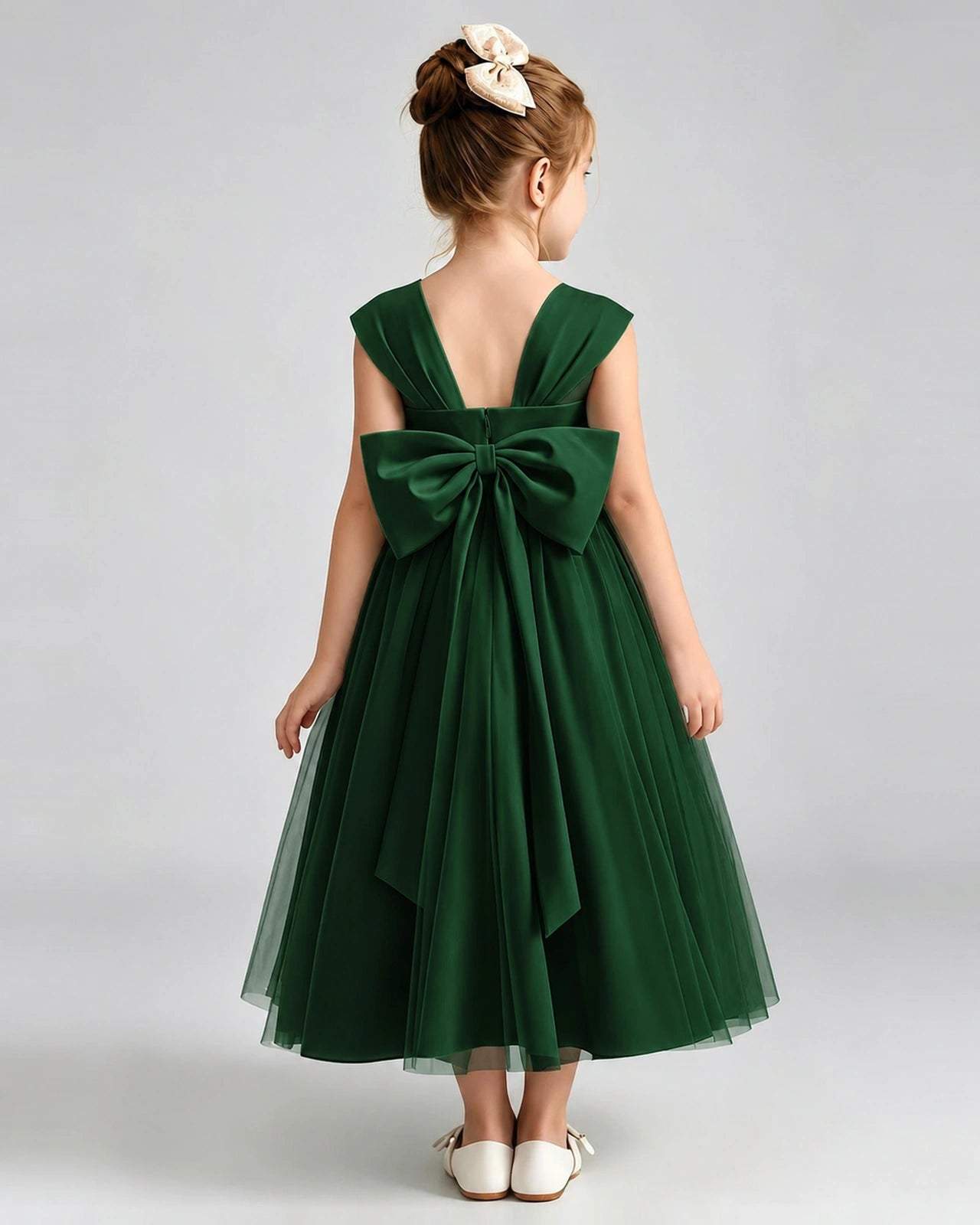 Dark Green Flower Girl Dress Sweetheart Neck V-Back Bow Tulle Midi Dress Back View