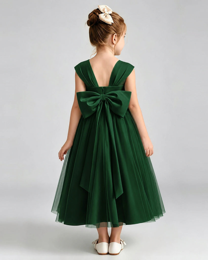 Dark Green Tulle A-line Flower Girl Dress Back View