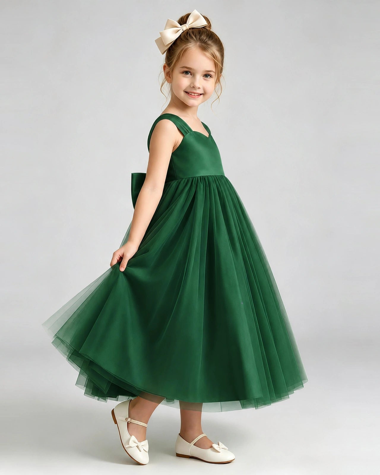 Dark Green Flower Girl Dress Sweetheart Neck V-Back Bow Tulle Midi Dress Side View