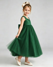 Dark Green Flower Girl Dress Sweetheart Neck V-Back Bow Tulle Midi Dress Side View