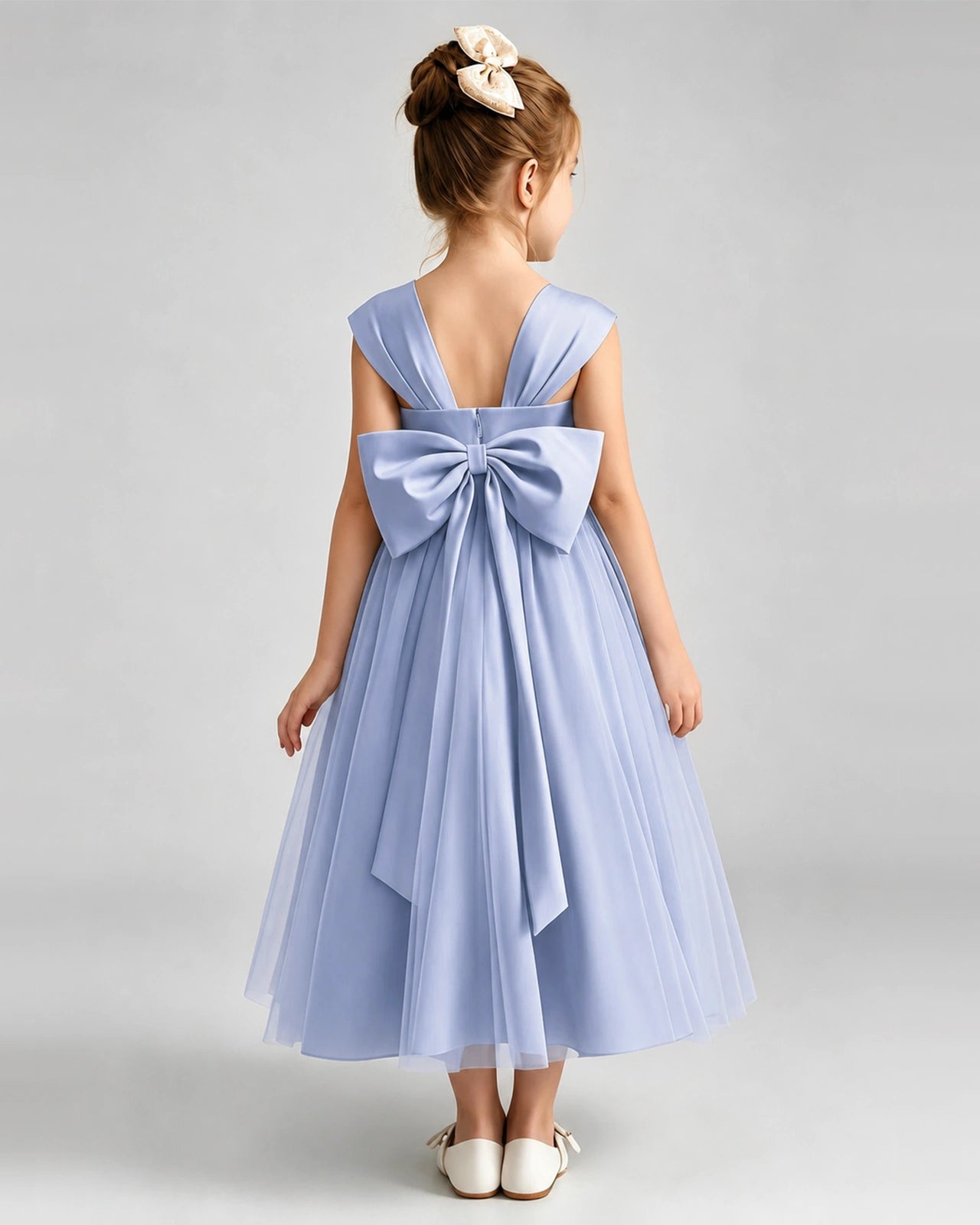 Dusty Blue Flower Girl Dress Sweetheart Neck V-Back Bow Tulle Midi Dress Back View