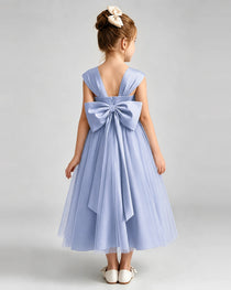 Dusty Blue Flower Girl Dress Sweetheart Neck V-Back Bow Tulle Midi Dress Back View