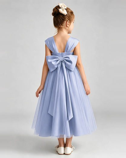 Dusty Blue Flower Girl Dress Sweetheart Neck V-Back Bow Tulle Midi Dress Back View