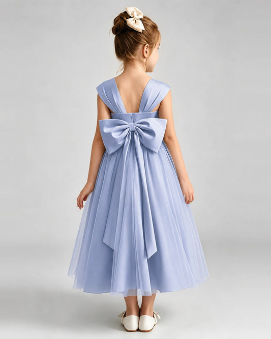 Dusty Blue Tulle A-line Flower Girl Dress Back View