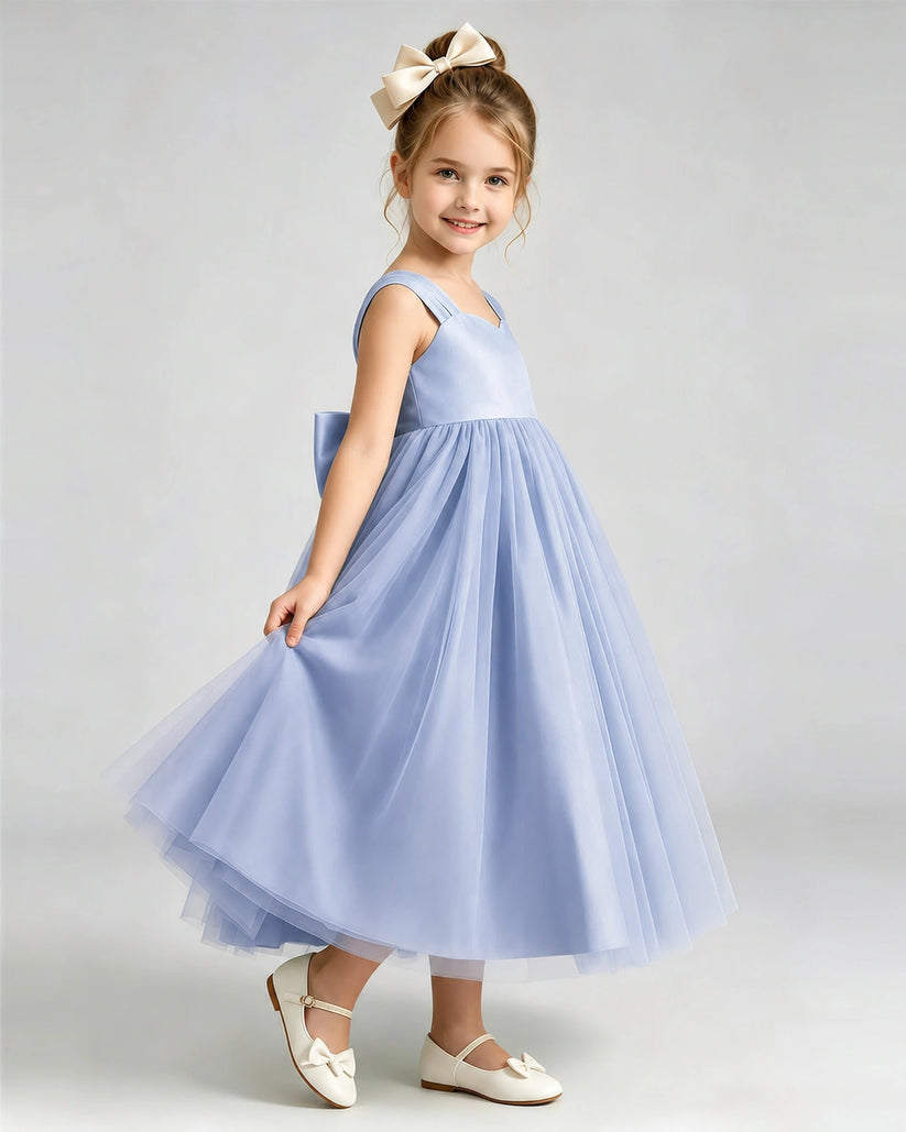 Dusty Blue Tulle A-line Flower Girl Dress Side View