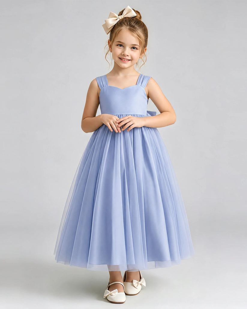 Dusty Blue Tulle A-line Flower Girl Dress Front View