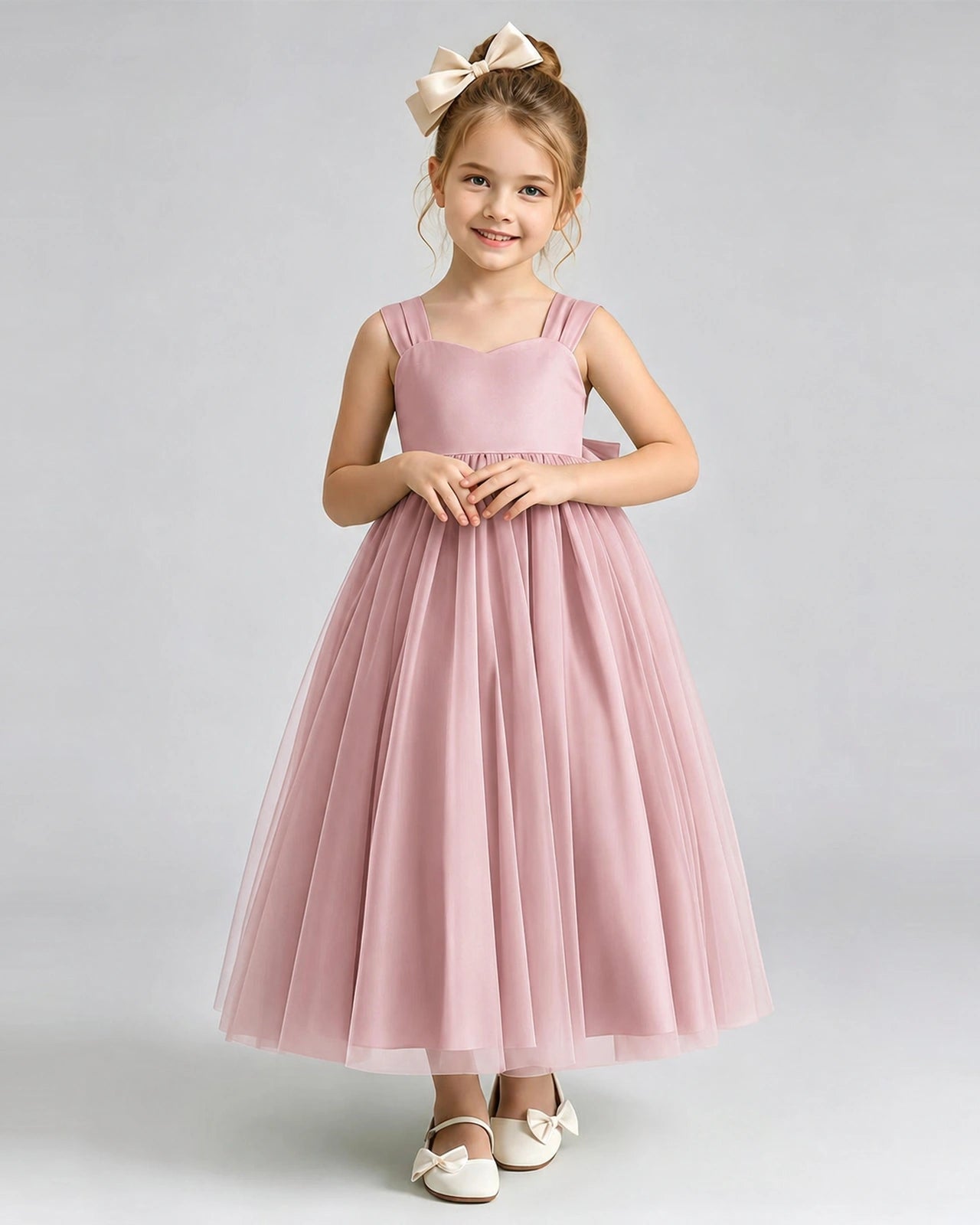 Dusty Rose Flower Girl Dress Sweetheart Neck V-Back Bow Tulle Midi Dress Front View