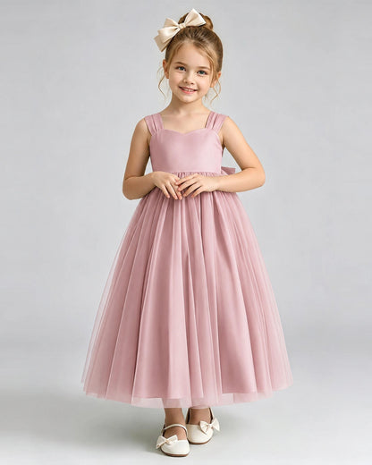 Dusty Rose Flower Girl Dress Sweetheart Neck V-Back Bow Tulle Midi Dress Front View