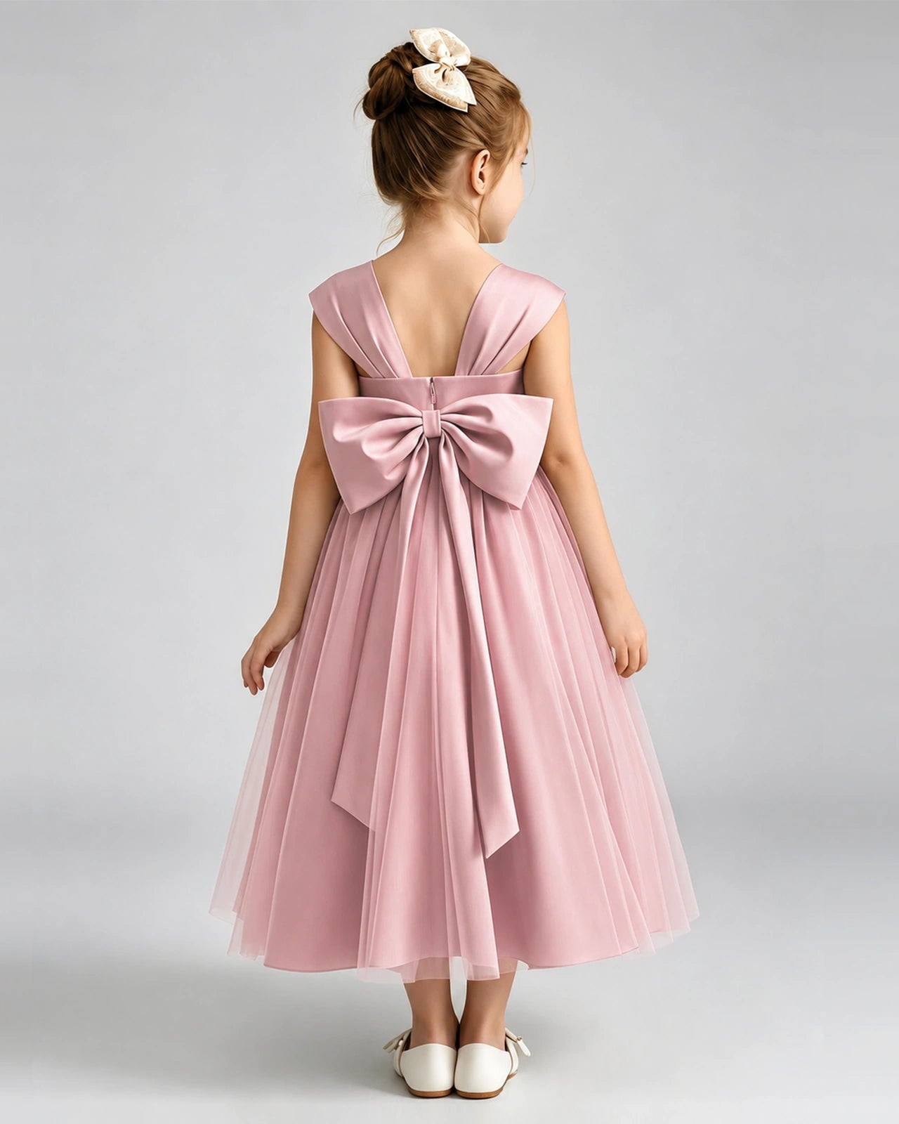 Dusty Rose Flower Girl Dress Sweetheart Neck V-Back Bow Tulle Midi Dress Back View