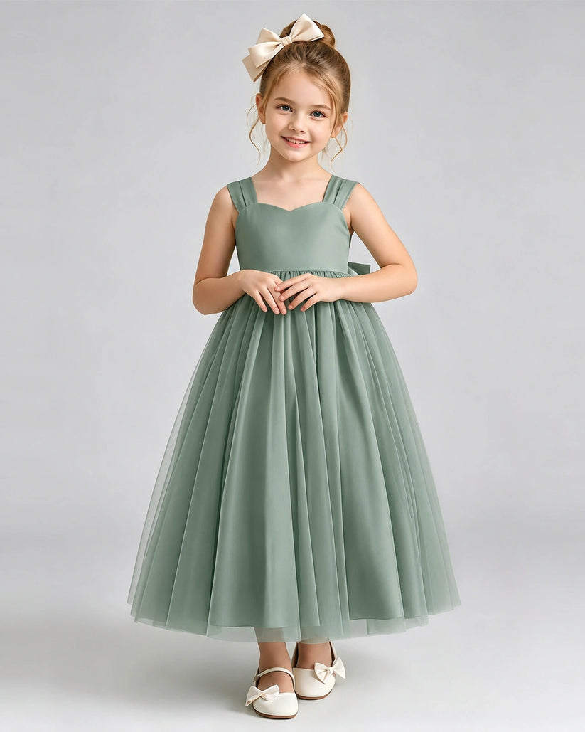 Eucalyptus Tulle A-line Flower Girl Dress Front View