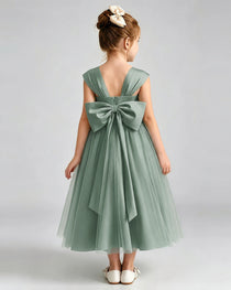 Eucalyptus Flower Girl Dress Sweetheart Neck V-Back Bow Tulle Midi Dress Back View