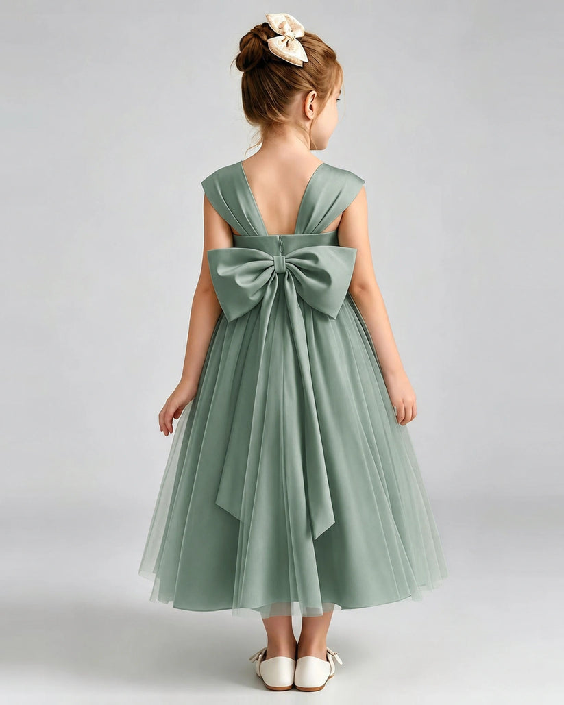 Eucalyptus Tulle A-line Flower Girl Dress Back View