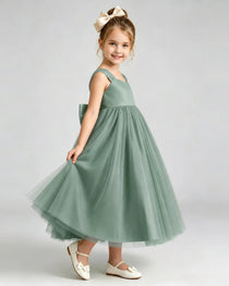 Eucalyptus Flower Girl Dress Sweetheart Neck V-Back Bow Tulle Midi Dress Side View