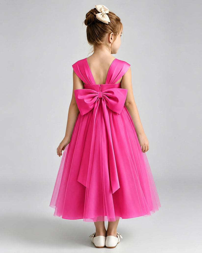 Hot Pink Tulle A-line Flower Girl Dress Back View