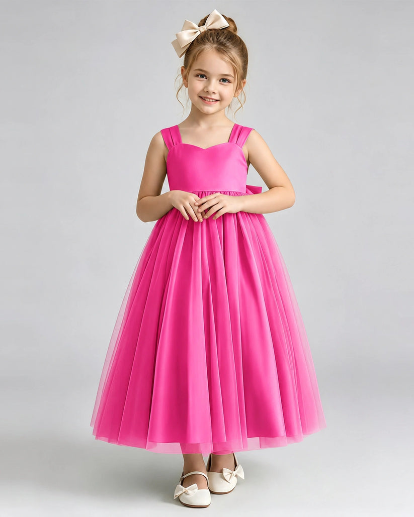Hot Pink Satin A-line Flower Girl Dress Front View