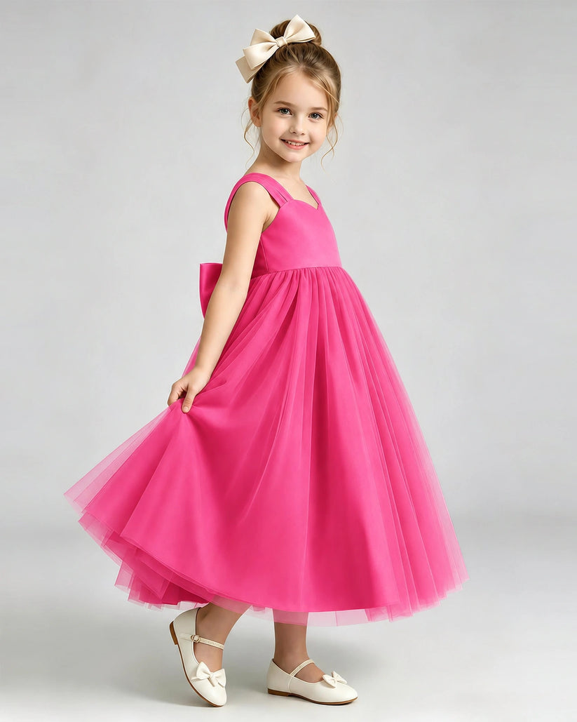 Hot Pink Tulle A-line Flower Girl Dress Side View