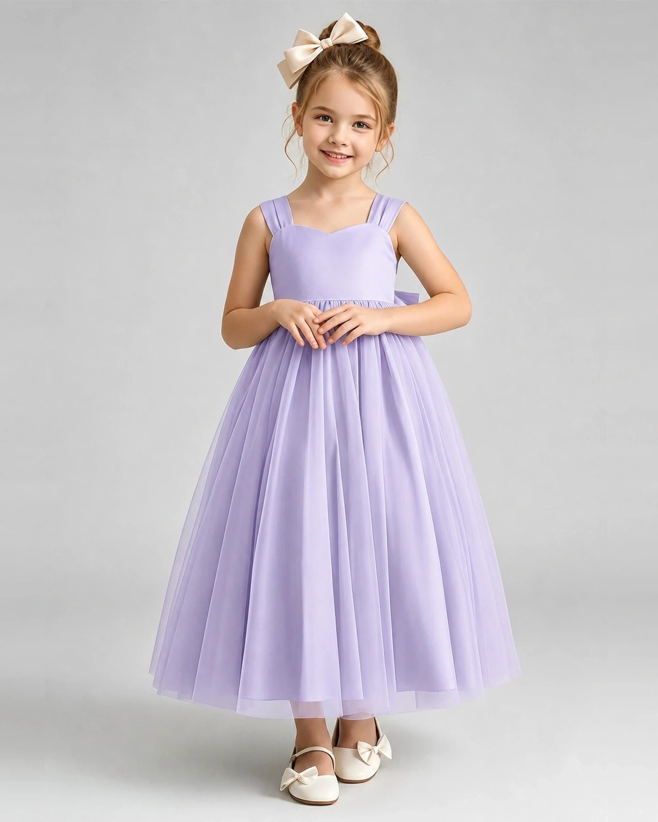 Lavender Flower Girl Dress Sweetheart Neck V-Back Bow Tulle Midi Dress Front View