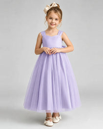 Lavender Flower Girl Dress Sweetheart Neck V-Back Bow Tulle Midi Dress Front View