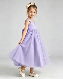 Lavender Flower Girl Dress Sweetheart Neck V-Back Bow Tulle Midi Dress Side View