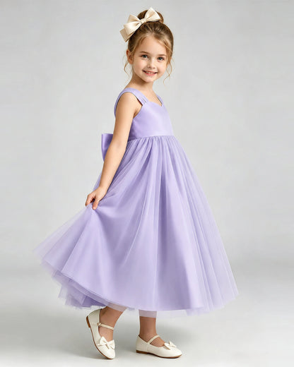 Lavender Flower Girl Dress Sweetheart Neck V-Back Bow Tulle Midi Dress Side View