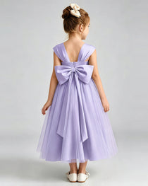 Lavender Flower Girl Dress Sweetheart Neck V-Back Bow Tulle Midi Dress Back View