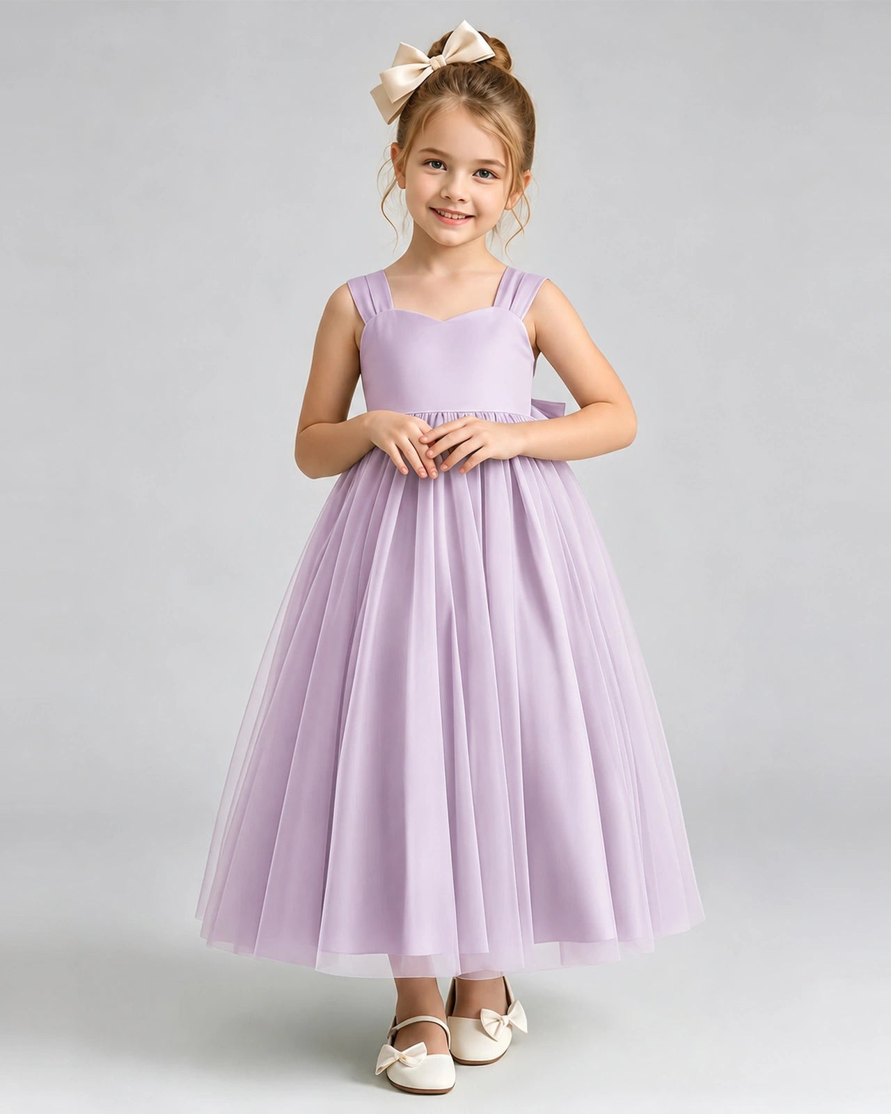 Lilac Flower Girl Dress Sweetheart Neck V-Back Bow Tulle Midi Dress Front View