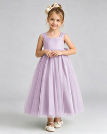 Lilac Flower Girl Dress Sweetheart Neck V-Back Bow Tulle Midi Dress Front View