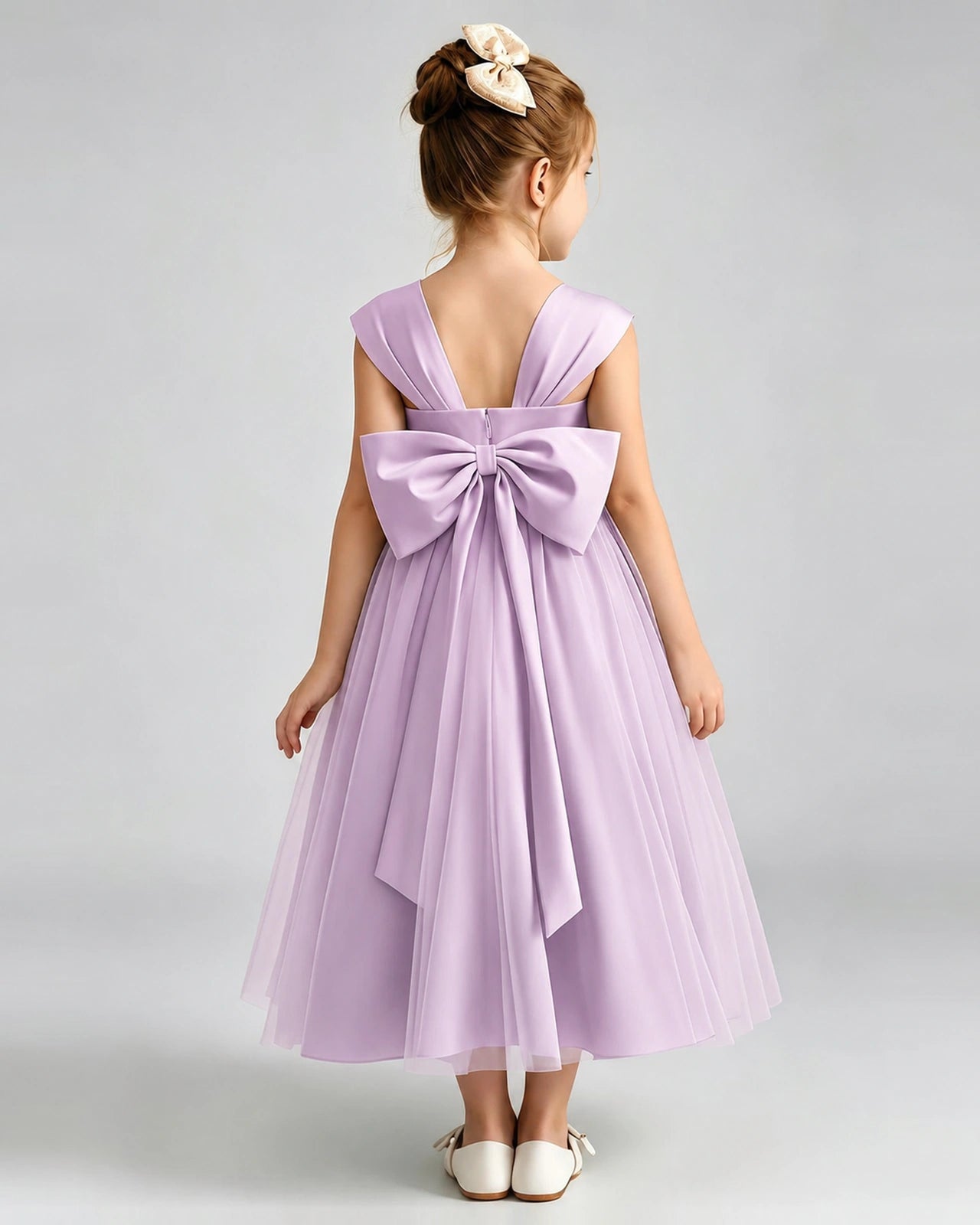 Lilac Flower Girl Dress Sweetheart Neck V-Back Bow Tulle Midi Dress Back View