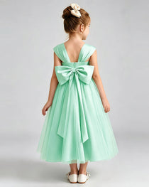 Mint Green Flower Girl Dress Sweetheart Neck V-Back Bow Tulle Midi Dress Back View