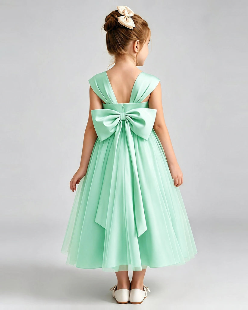 Mint Green Satin A-line Flower Girl Dress Back View