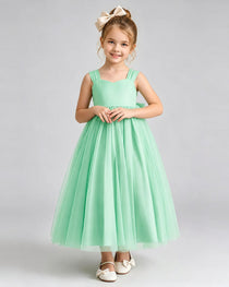 Mint Green Flower Girl Dress Sweetheart Neck V-Back Bow Tulle Midi Dress Front View