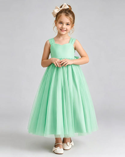 Mint Green Flower Girl Dress Sweetheart Neck V-Back Bow Tulle Midi Dress Front View