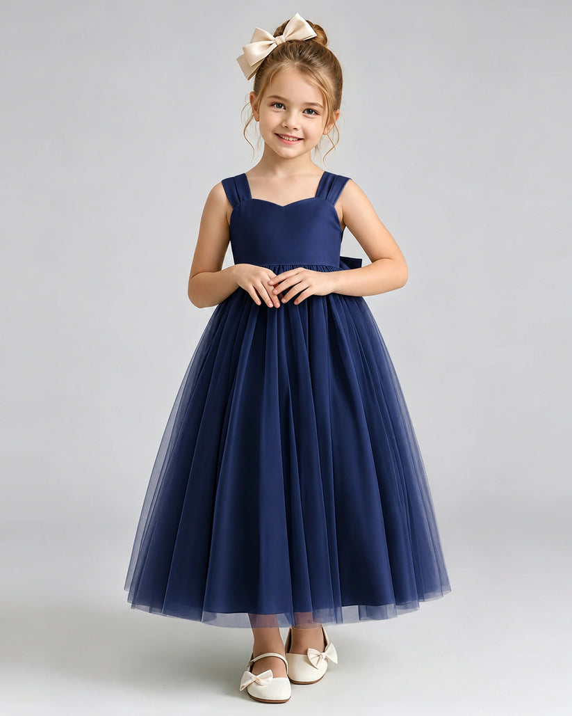 Navy Blue Tulle A-line Flower Girl Dress Front View