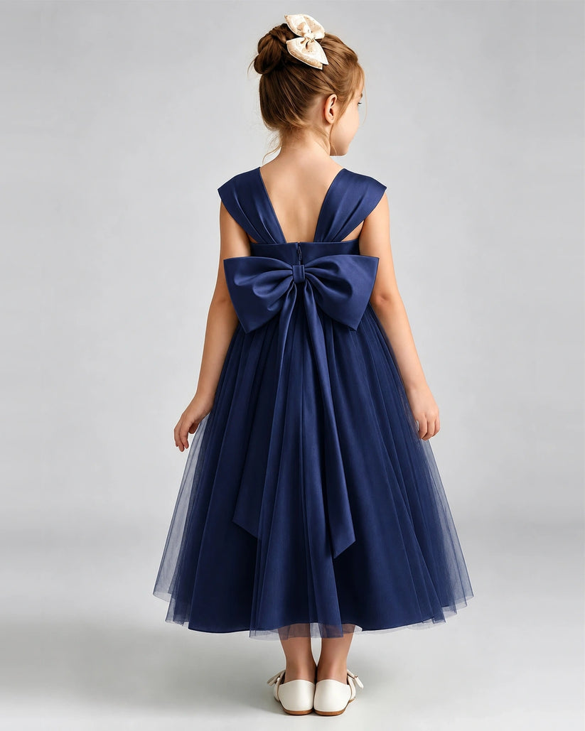 Navy Blue Tulle A-line Flower Girl Dress Back View