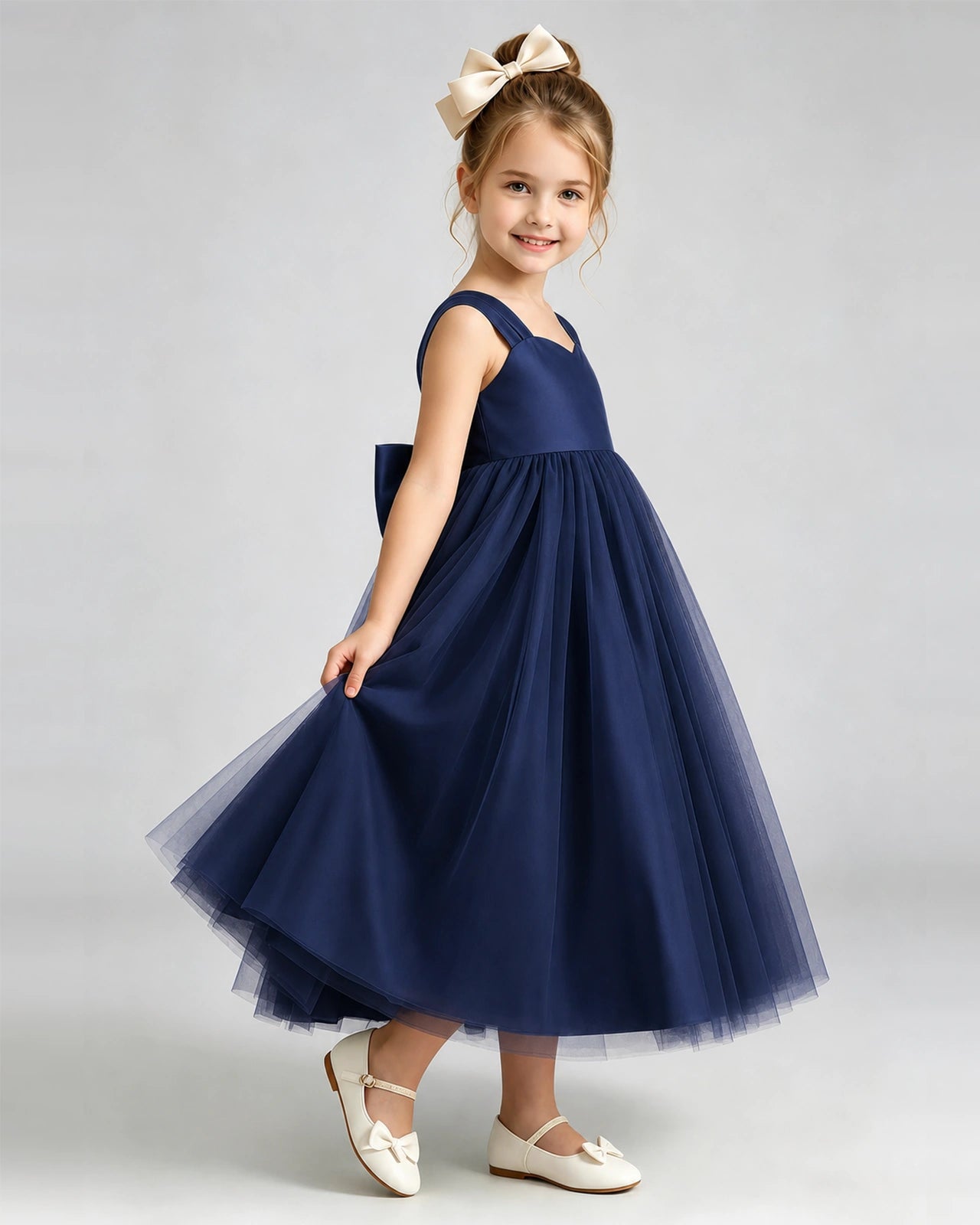 Navy Blue Flower Girl Dress Sweetheart Neck V-Back Bow Tulle Midi Dress Side View