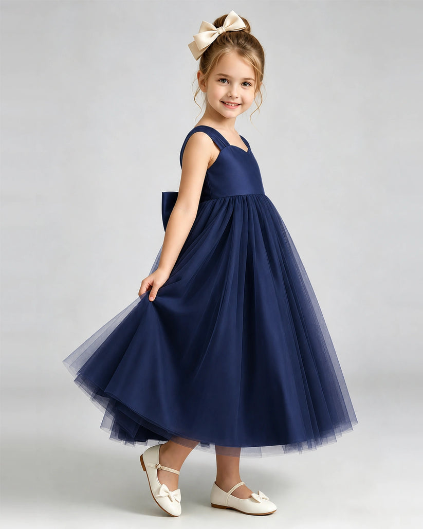 Navy Blue Tulle A-line Flower Girl Dress Side View