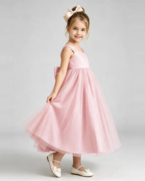 Pink Flower Girl Dress Sweetheart Neck V-Back Bow Tulle Midi Dress Side View