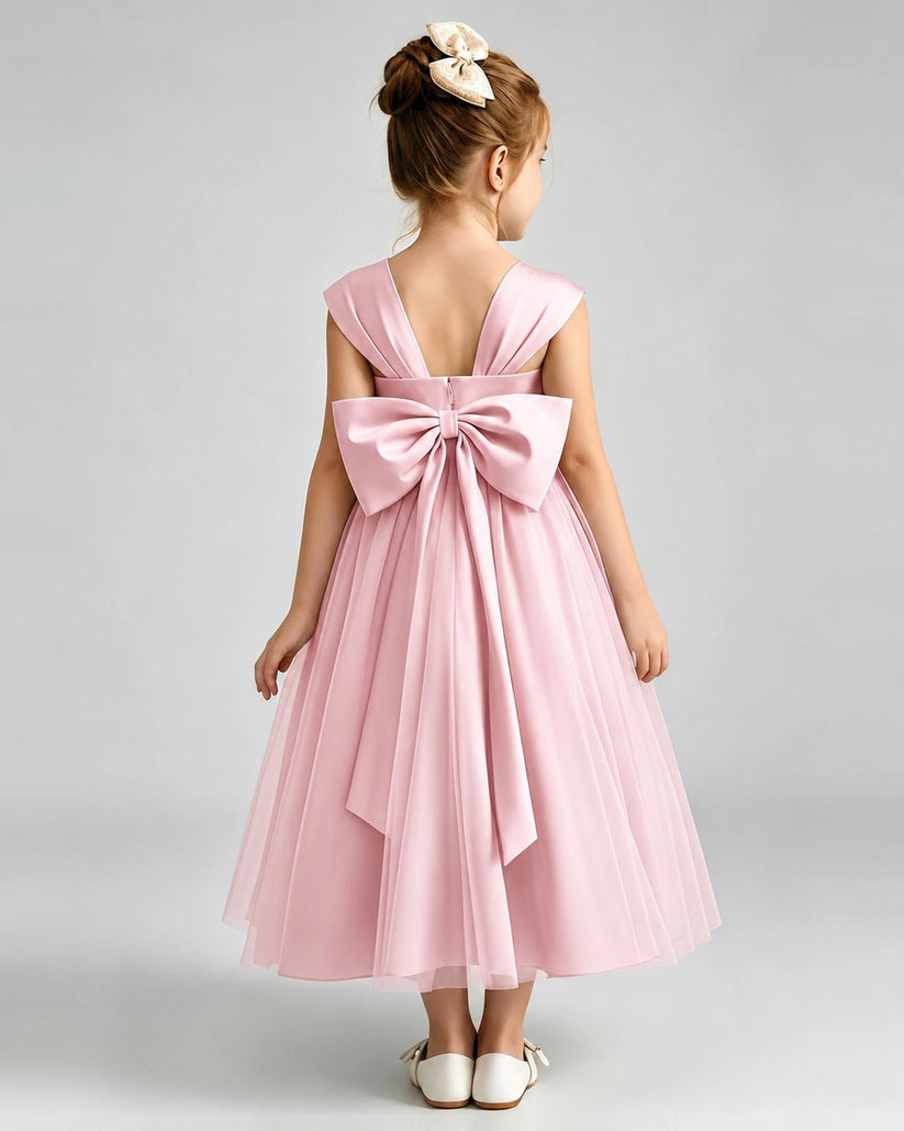 Pink Satin A-line Flower Girl Dress Back View