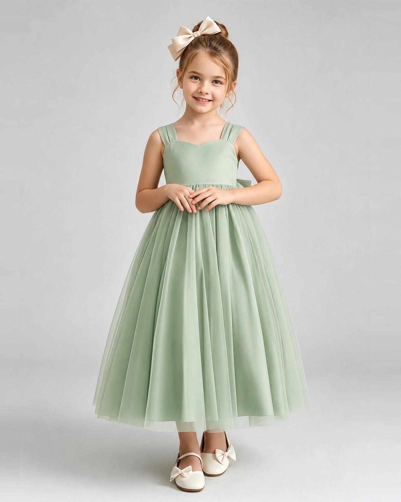 Sage Green Tulle A-line Flower Girl Dress Front View