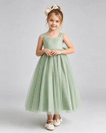 Sage Green Flower Girl Dress Sweetheart Neck V-Back Bow Tulle Midi Dress Front View