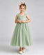 Sage Green Flower Girl Dress Sweetheart Neck V-Back Bow Tulle Midi Dress Front View