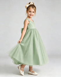 Sage Green Flower Girl Dress Sweetheart Neck V-Back Bow Tulle Midi Dress Side View