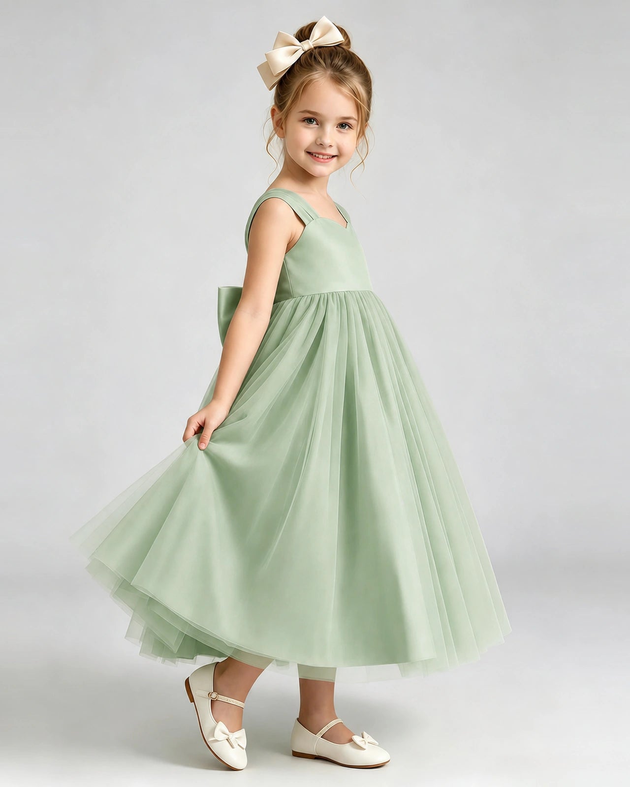 Sage Green Flower Girl Dress Sweetheart Neck V-Back Bow Tulle Midi Dress Side View