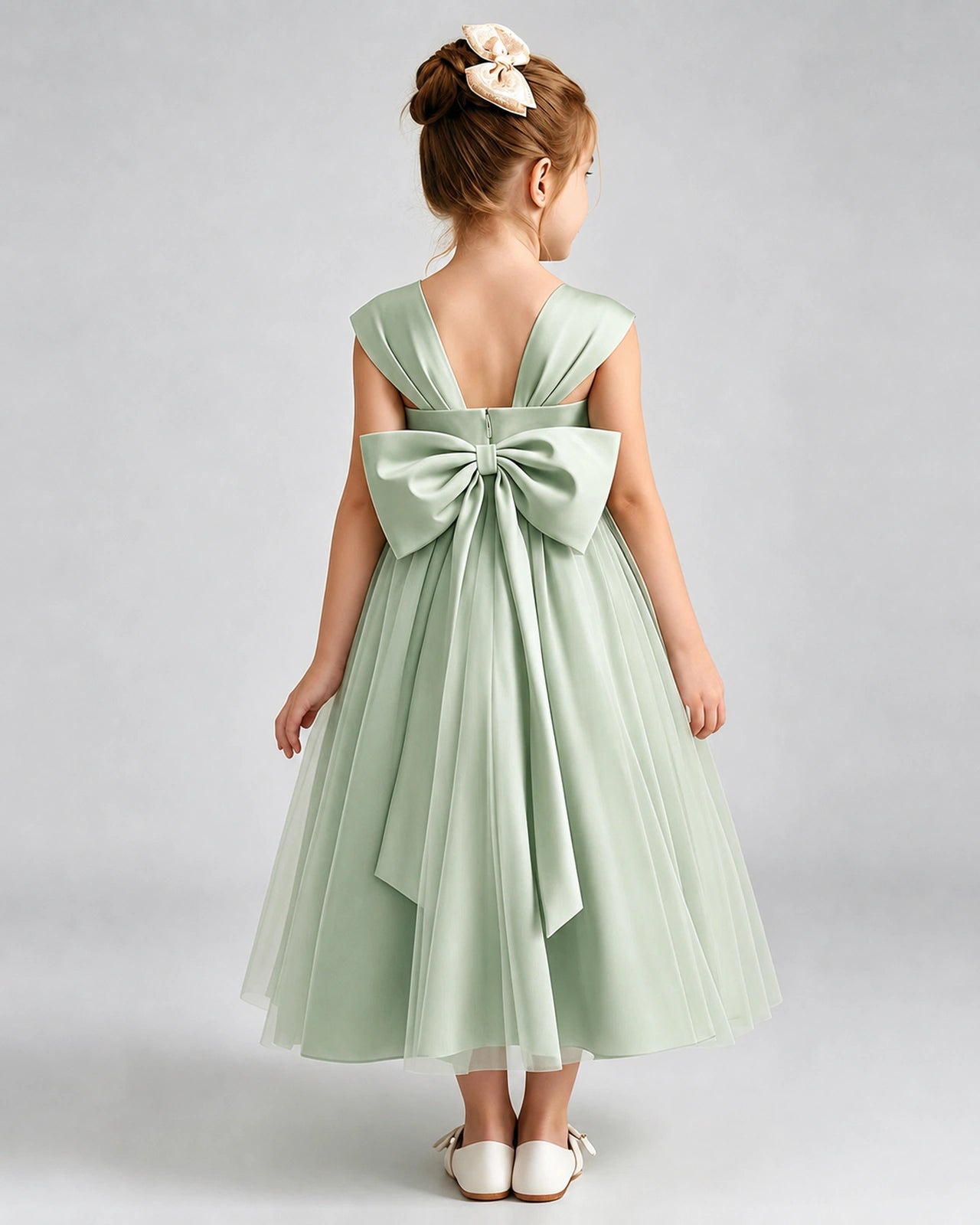Sage Green Flower Girl Dress Sweetheart Neck V-Back Bow Tulle Midi Dress Back View